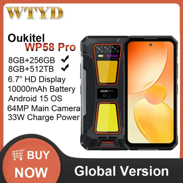 Oukitel WP58 Pro Rugged Phone 8GB+512GB 6.7'' HD Display Android 15
