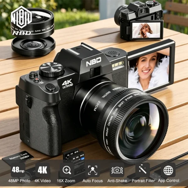 NBD 4K Digital Camera 48MP Vlog Camera with WiFi Flip Screen Autofocus