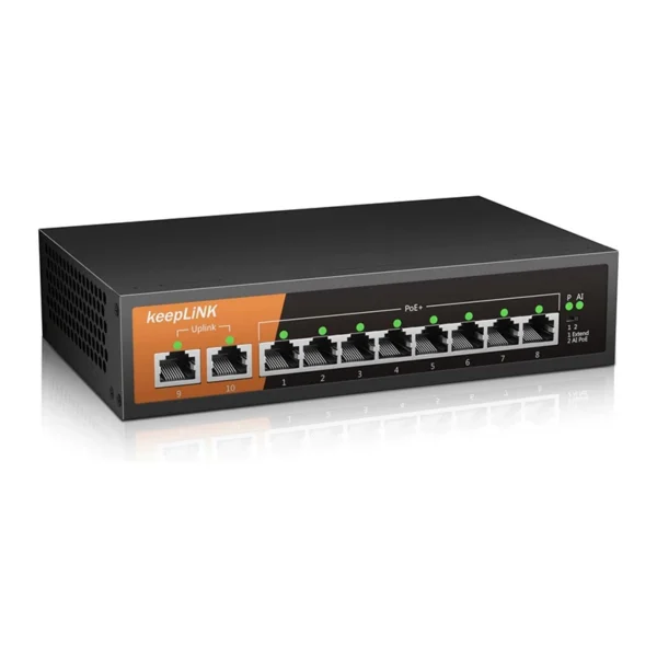 KeepLiNK 10-Port Gigabit Ethernet Switch with 8-PoE Ports and 2-RJ45