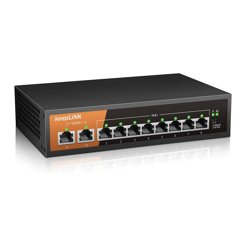 S22e5e305a2404bf8ba254dfcb02916ce6.webp KeepLiNK 10-Port Gigabit Ethernet Switch with 8-PoE Ports and 2-RJ45