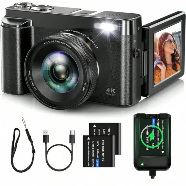 4K Digital Camera 48MP Autofocus 180 ° 3-Inch Flip Screen Selfie Video