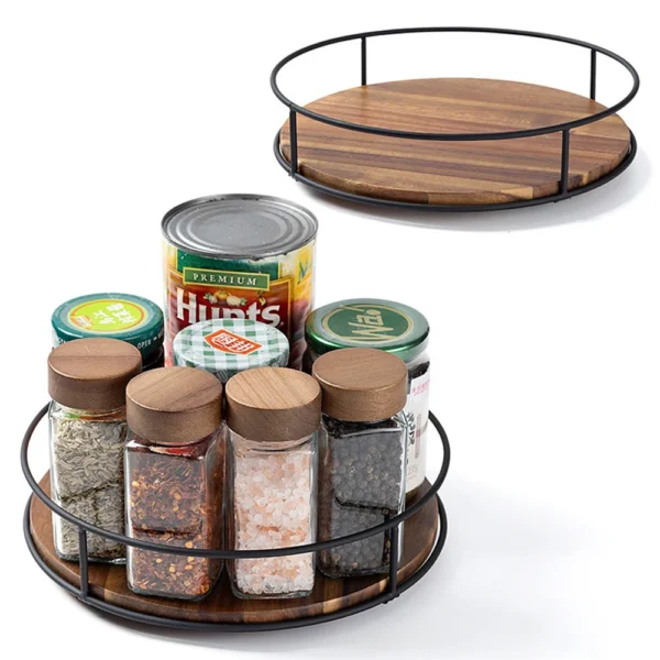 LMETJMA Acacia Wood Lazy Susan Turntable with Metal Frame Kitchen