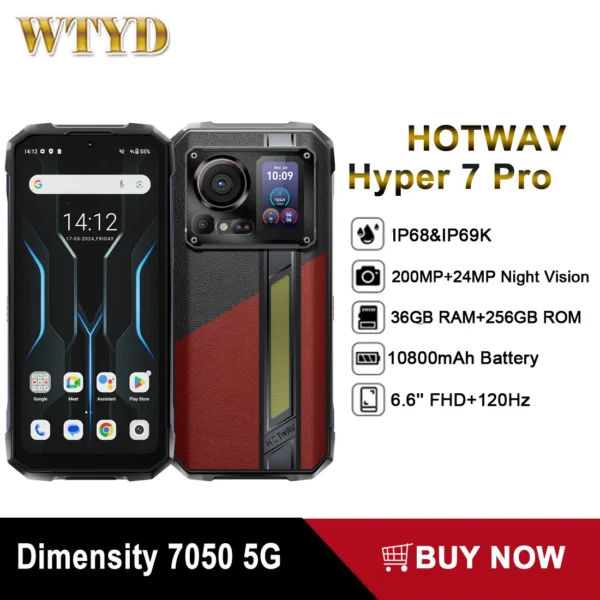 HOTWAV Hyper 7 Pro Rugged Phone 36GB 256GB Dimensity 7050 5G 200MP