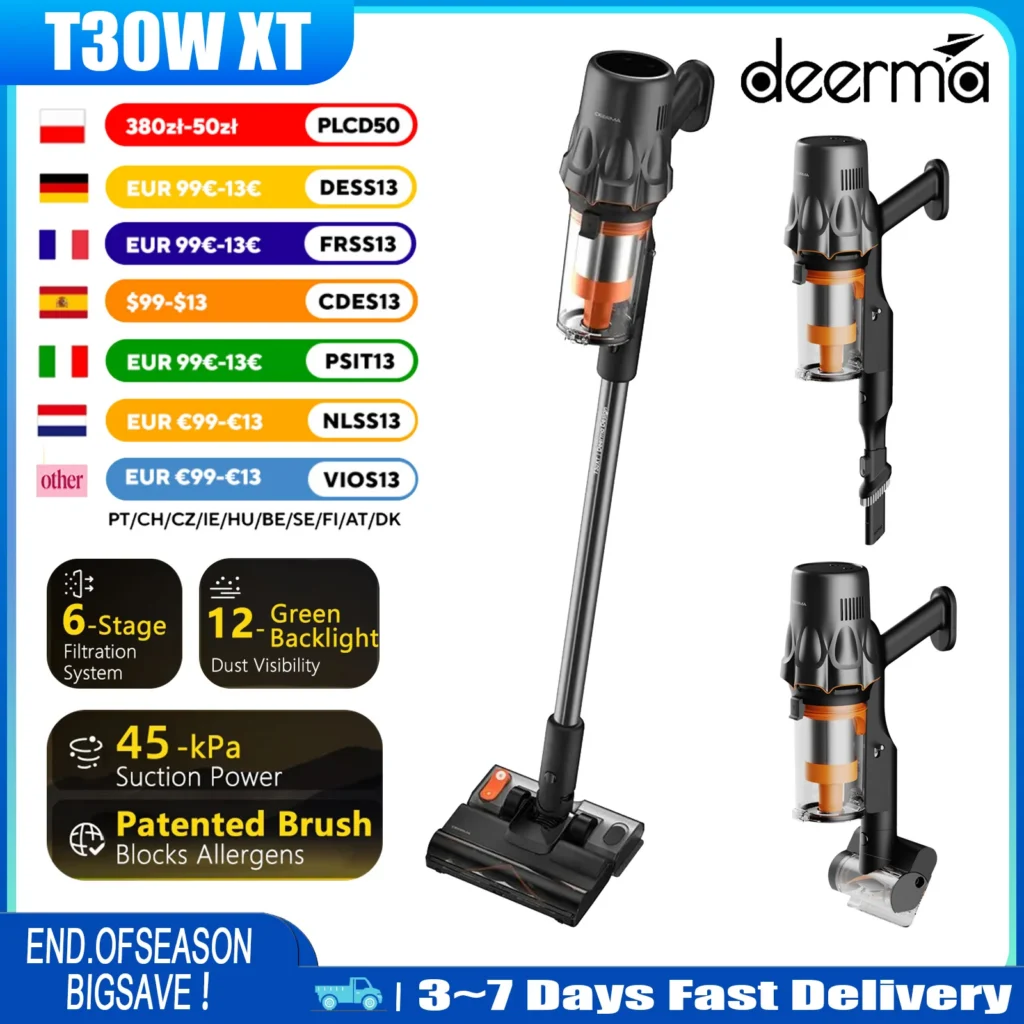 Deerma T30W XT Draadloze steelstofzuiger 45kPa 155AW Natte/droge mop