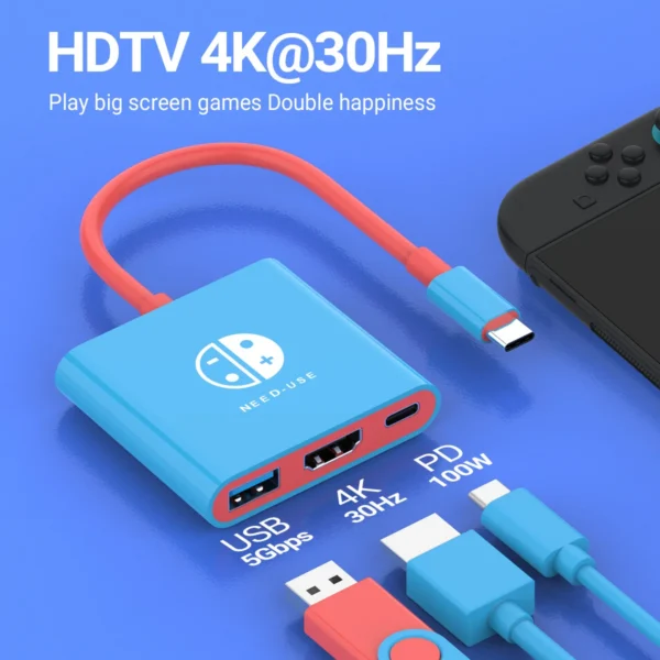 3 In 1 USB C HUB Type C to HDMI 4K with PD 100W Fast Charging USB 3.0