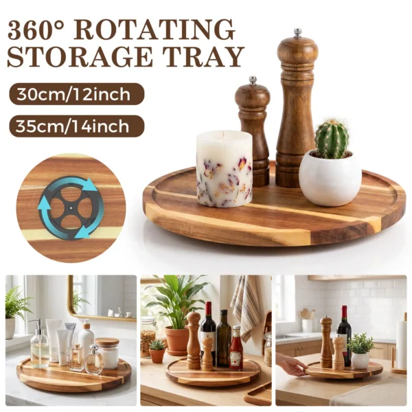 12/14 inch 360° Rotation Storage Tray Acacia Wood Round Turntable Tray