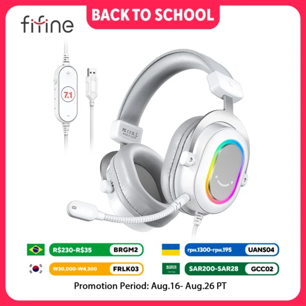 FIFINE RGB Gaming Headset with 7.1 Surround Sound/3-EQ/MIC,Over-ear