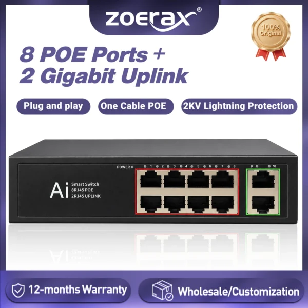 ZoeRax 8-Port POE Switch with Gigabit 2 Uplink One Cable POE Plug and