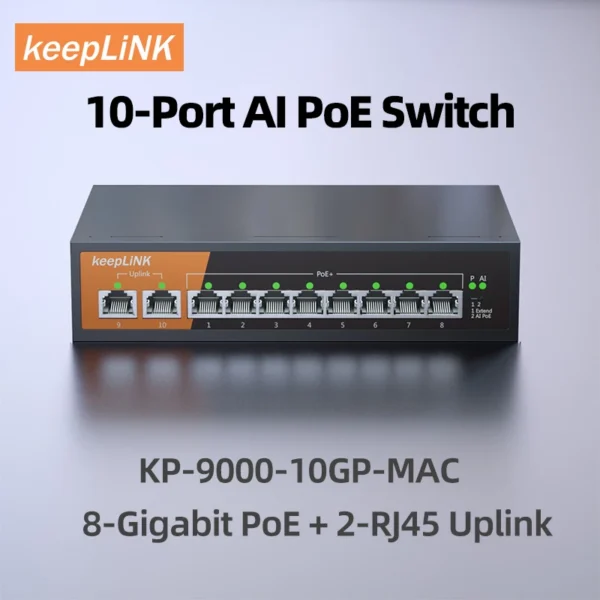 KeepLiNK 10-Port Gigabit Switch with 8-PoE and 2-RJ45 for Uplink