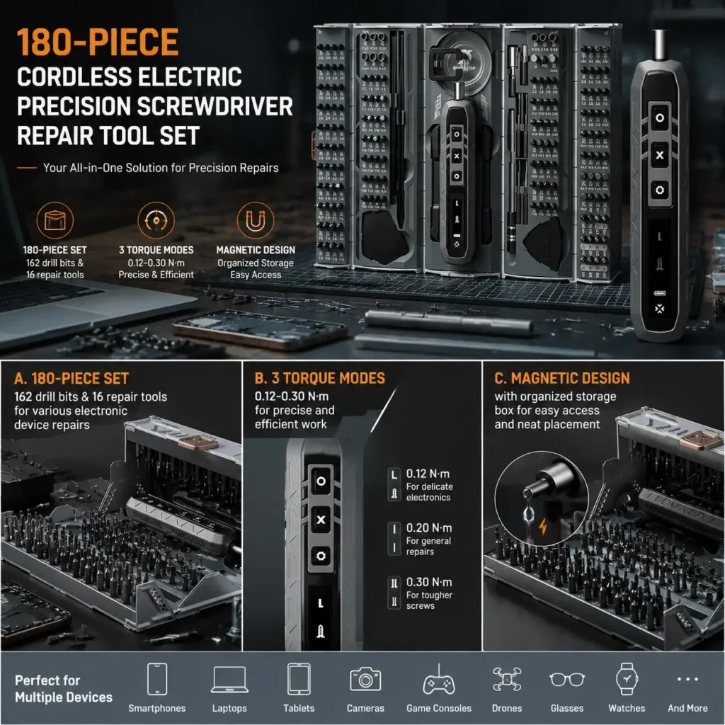 Electric Screwdriver Set 180 in 1 Precision Screwdriver Kit with 3