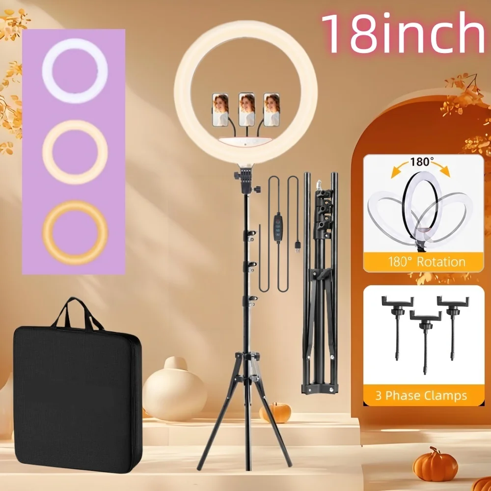 18 Inch Ring Light Kit, 3 Color Modes 144CM Foldable Tripod with 3