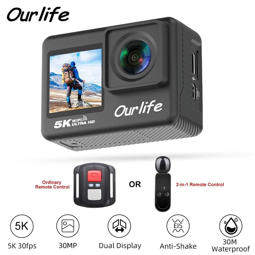 Ourlife 5K30FPS Action Camera 2.0'' Touch LCD 170° DVR 30M Waterproof