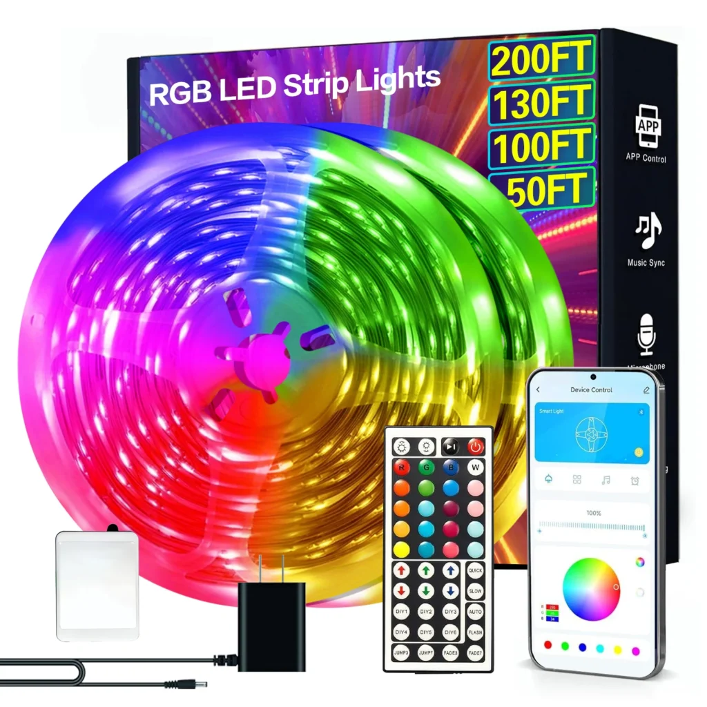 50/100/130/200FT RGB LED Smart Strip Light, App&44-Key Remote Control,