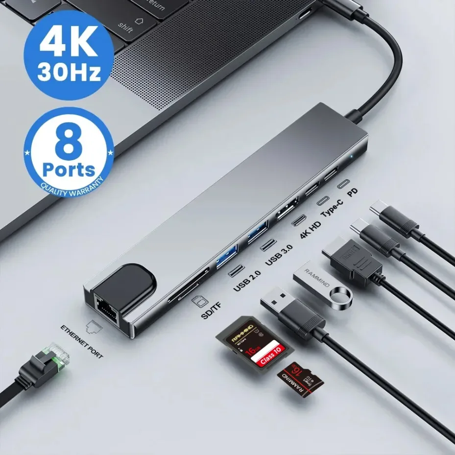 8IN1/2 Type-C Docking Station 8-in-1 with 4K HDMI USB C Hub Multiport