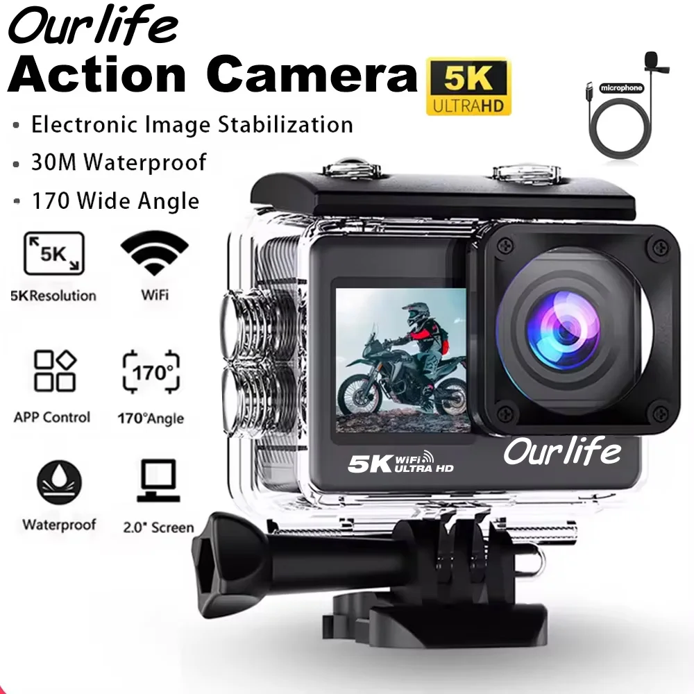 Ourlife 5K Action Camera 4K60FPS 2.0 Inch Touch Screen WiFi 170° Wide