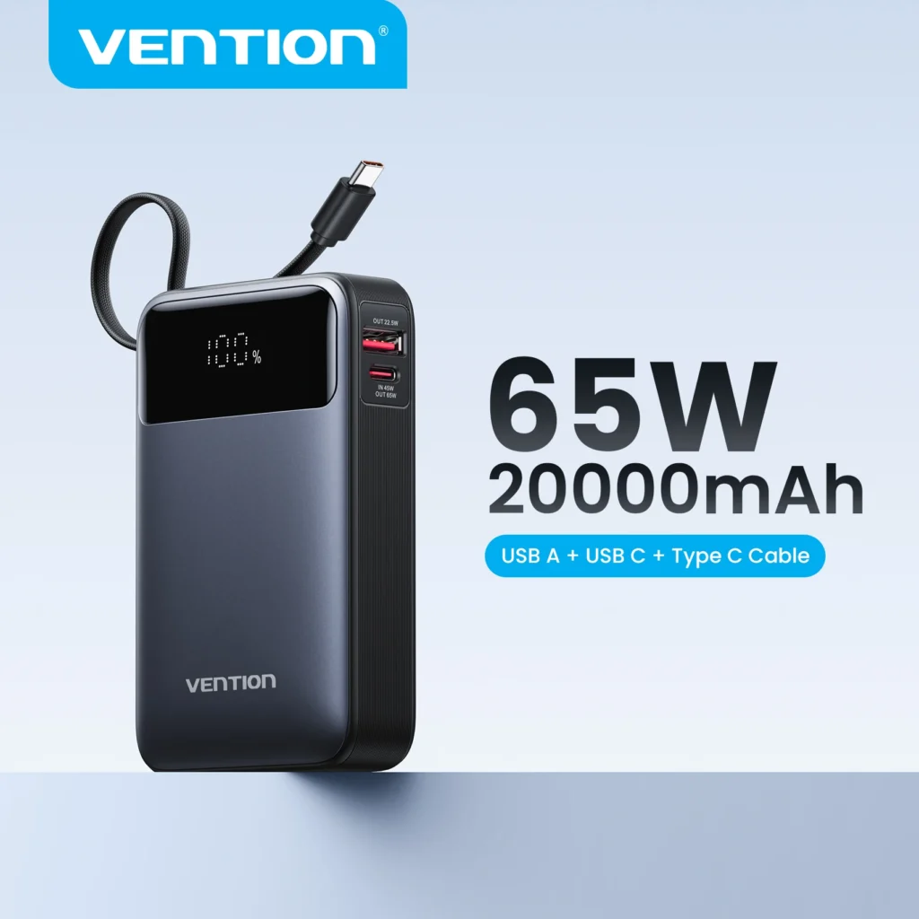 Vention Power Bank 20000mAh Portable PD 65W Fast Charging Built-in