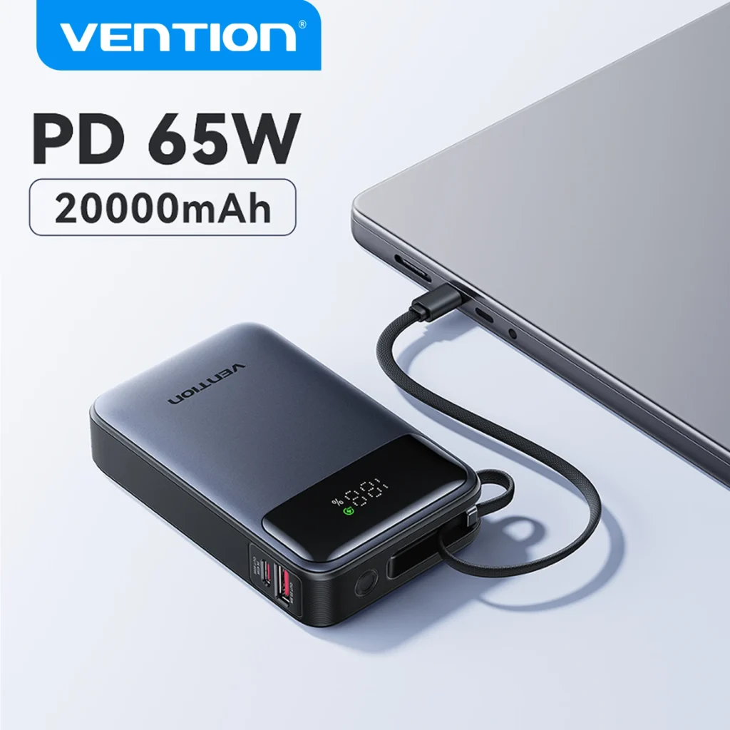 Vention 65W Power Bank 20000mAh Built-in USB-C Cable Portable