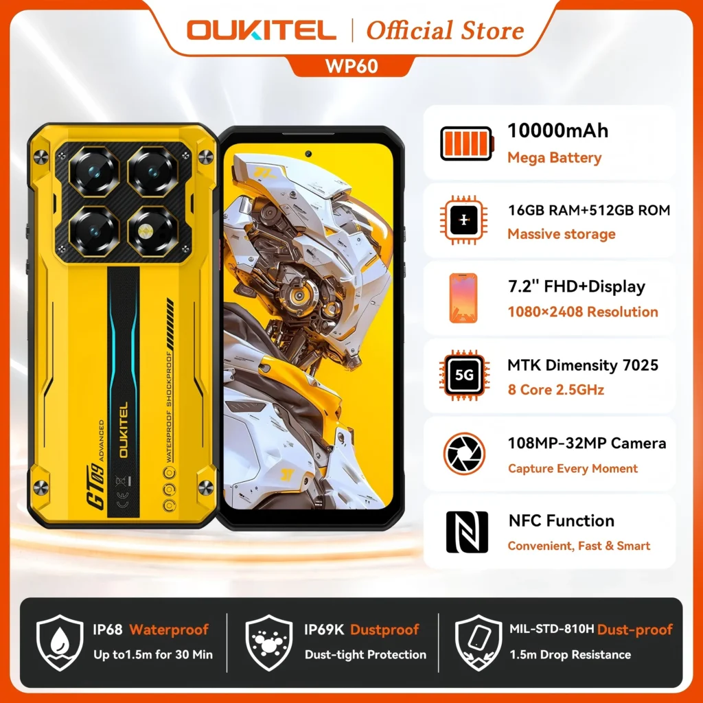 OUKITEL WP60 5G NFC Smartphone 10000mAh 48GB(16+32) +512GB, MTK 7025