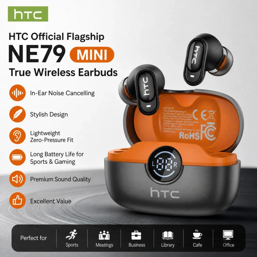 HTC NE79 TWS Bluetooth 6.0 Earbuds AI Translation 135 Languages ENC